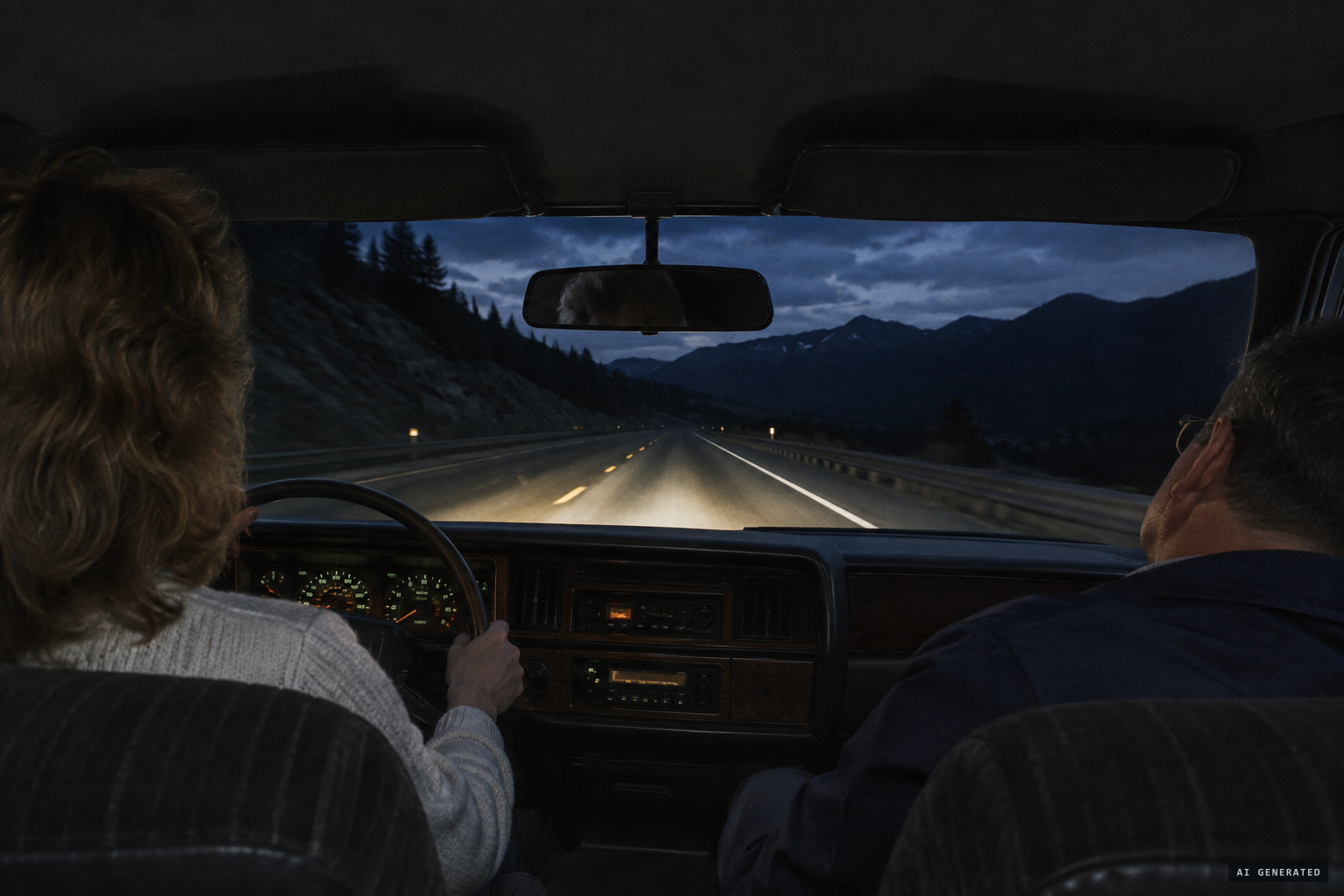 White rides as a passenger on a night drive west from Denver, a woman called Jan at the wheel.