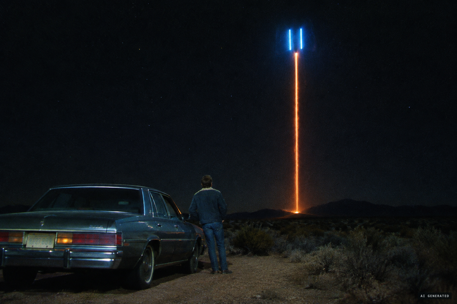 The light shoots up to join two blue tubular lights.