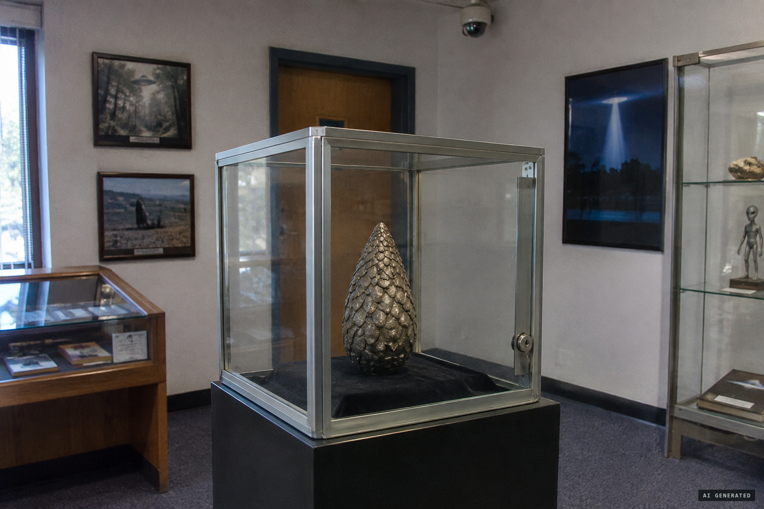 The metal teardrop on show in a locked case at the Museum of the Unexplained.