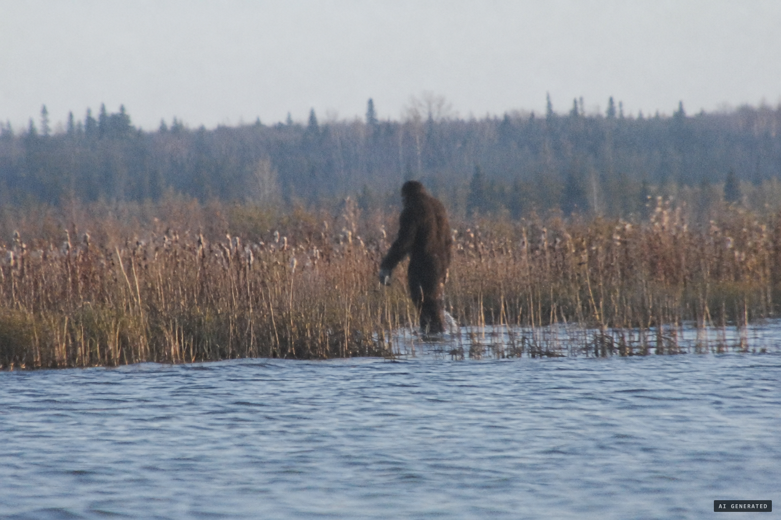 The figure walks upright, calf-deep, through the bulrushes