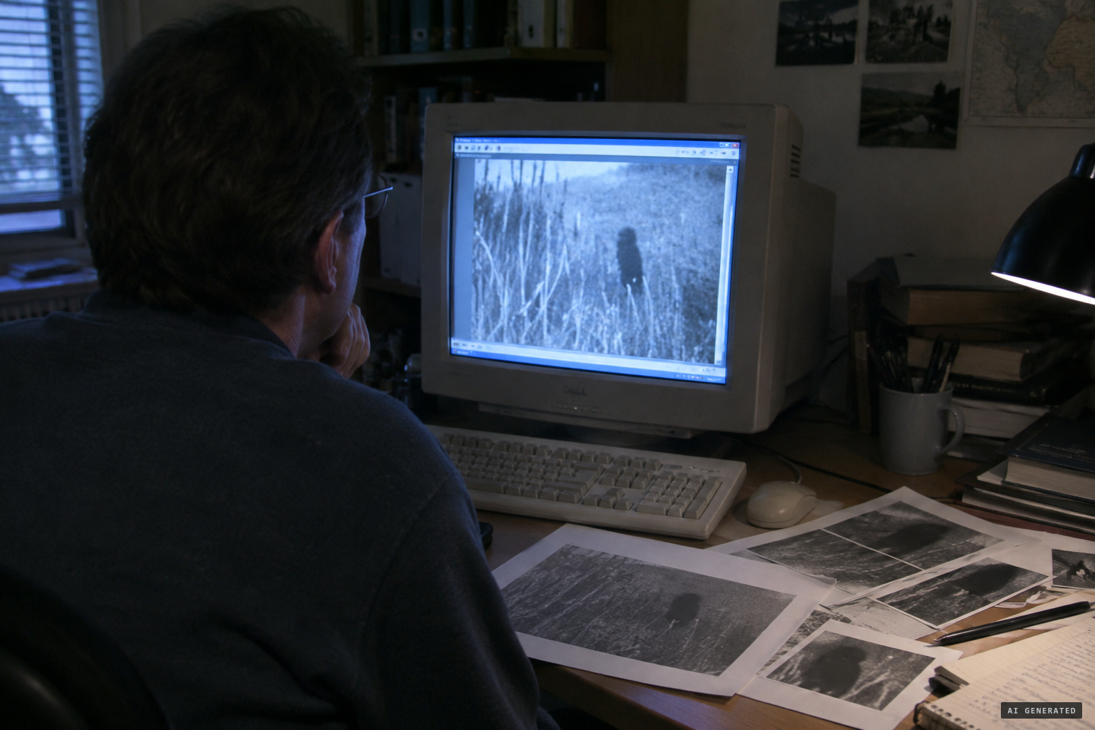 Matt Moneymaker studies the image: 'either a human or a sasquatch'