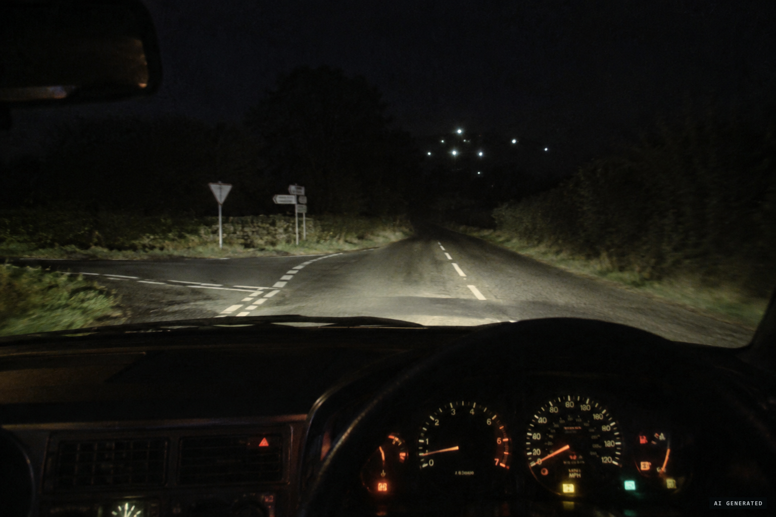 At Droves Loan junction, a bright cluster of lights hovers above the road