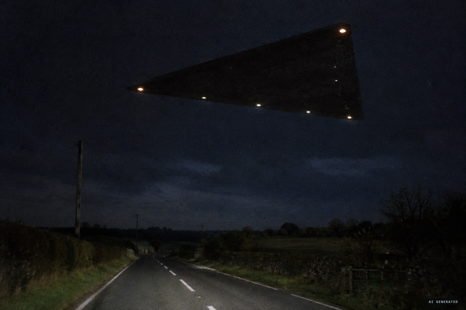A large triangular craft, low in the sky, with small lights on its underside