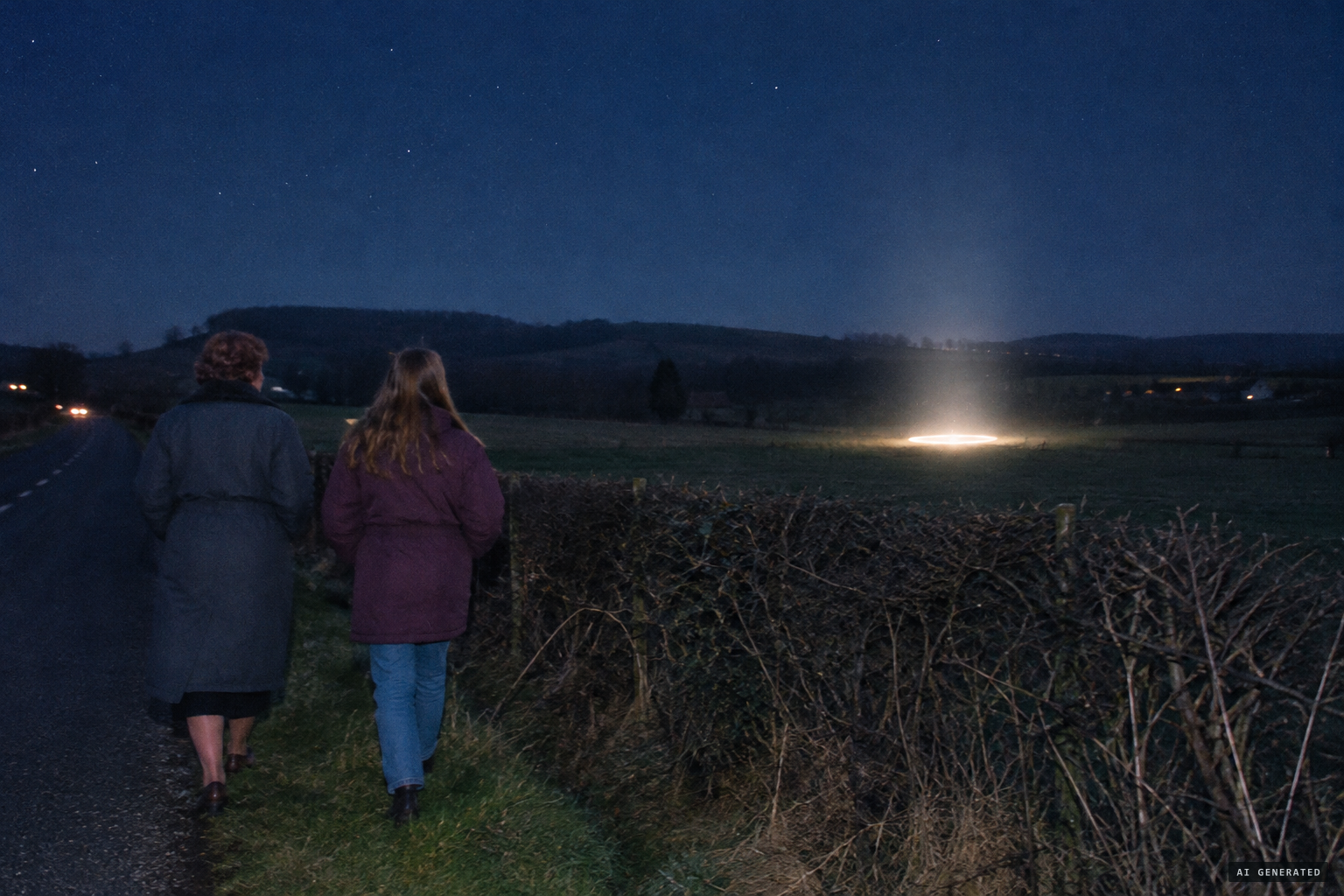 A circle of light appears to land in a nearby field