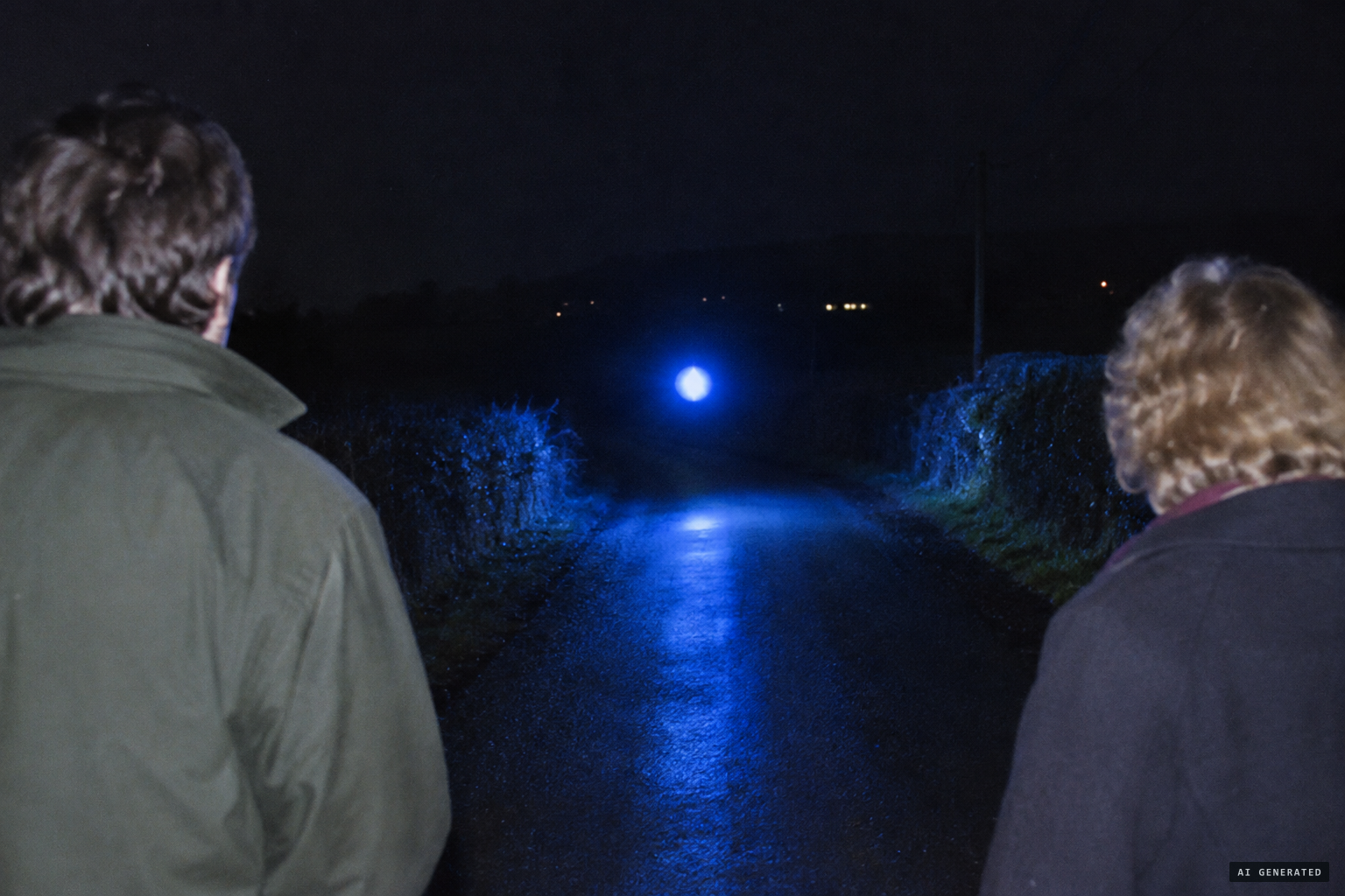 A football-sized blue light hovering above the road ahead