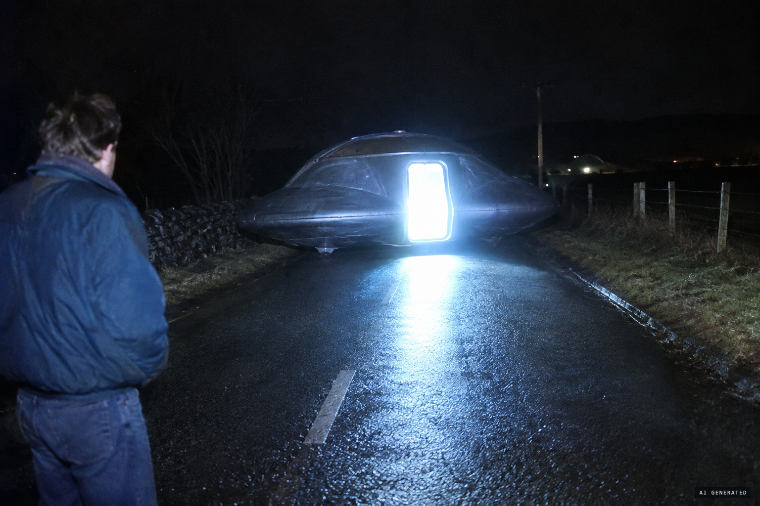The UFO lands right in front of them and a door opens