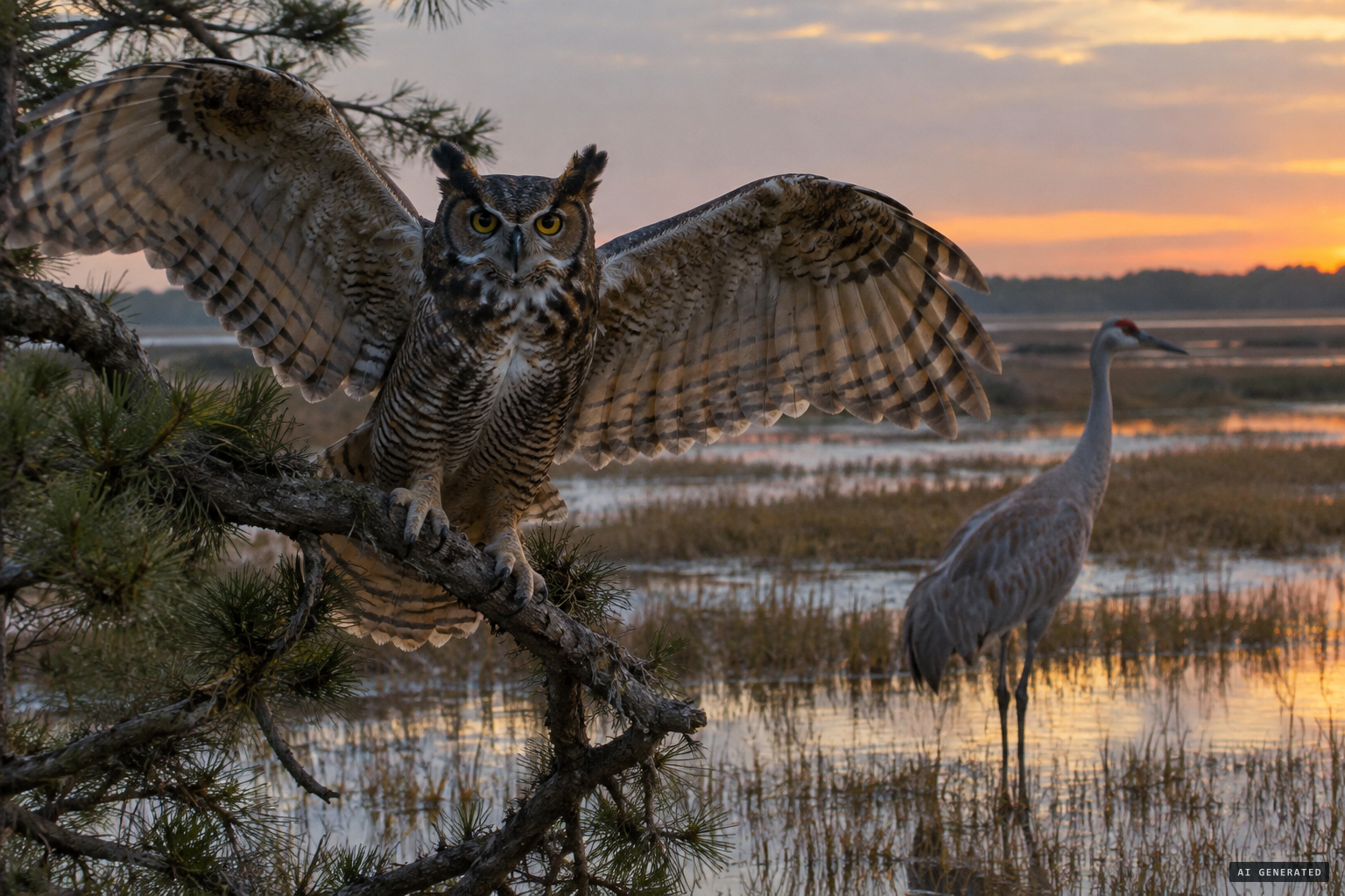 A Great Horned Owl or a wandering crane