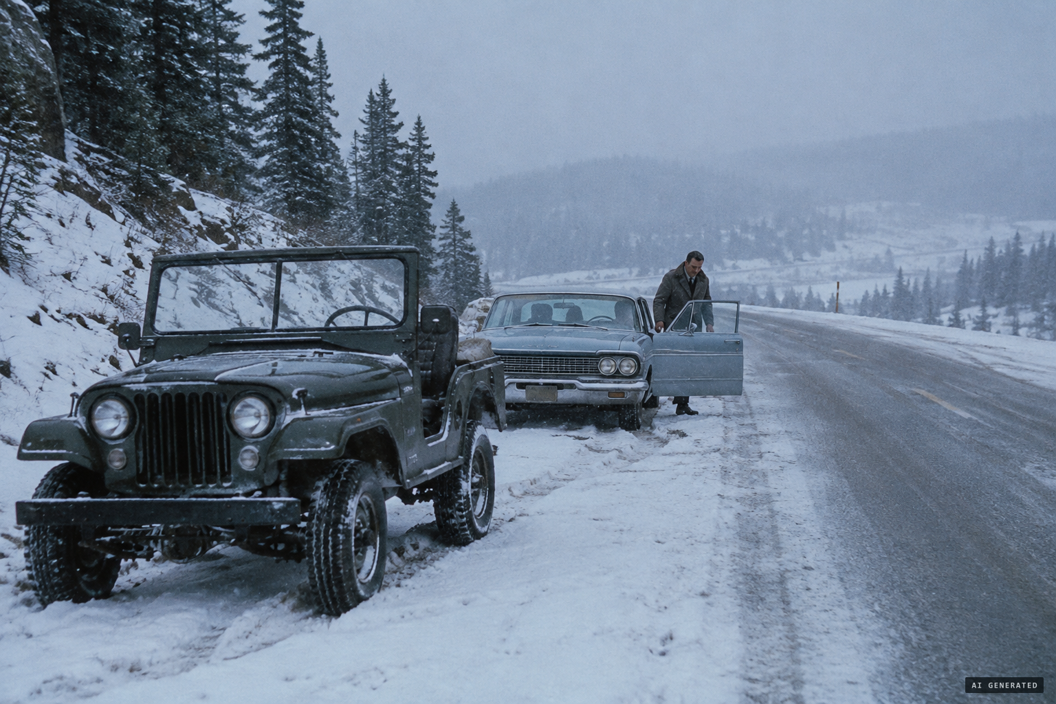 Marx stops and gets out just after passing an empty Jeep