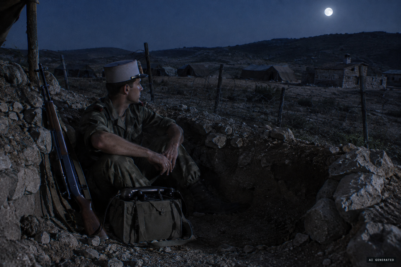 A lone legionnaire on sentry duty outside the Bouahmama camp, March 1958