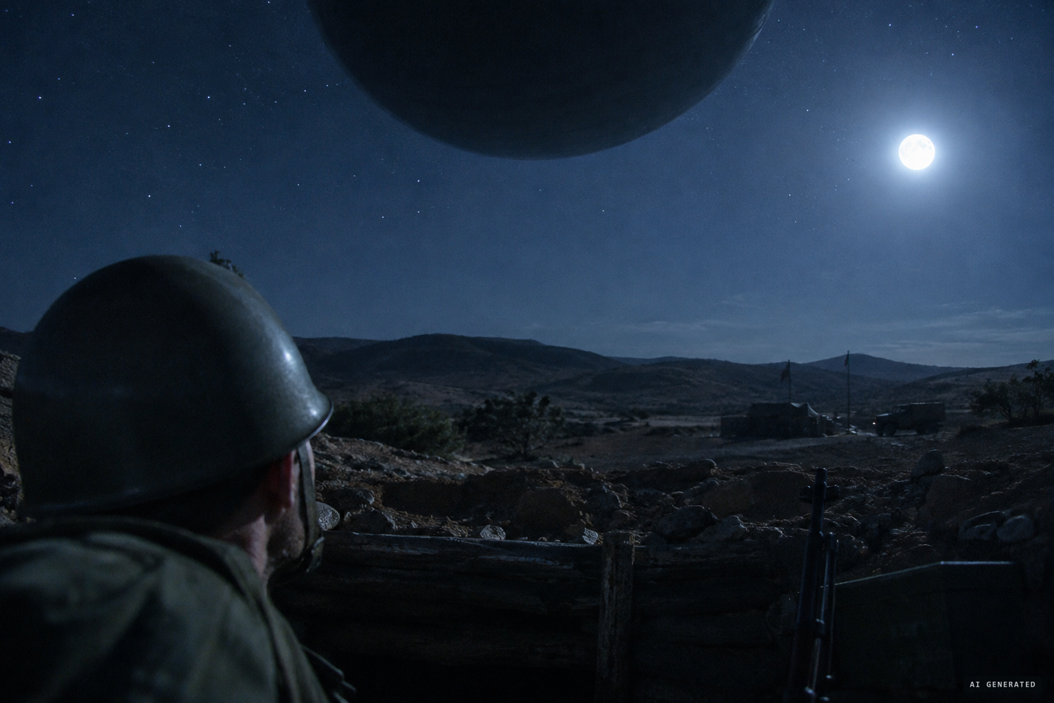 A whistling from the sky as a huge object comes down toward the sentry