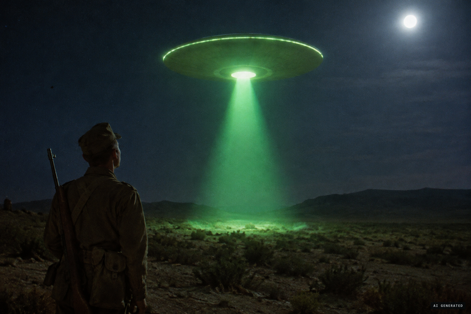 The glowing object hovers close, an emerald green cone of light reaching the ground