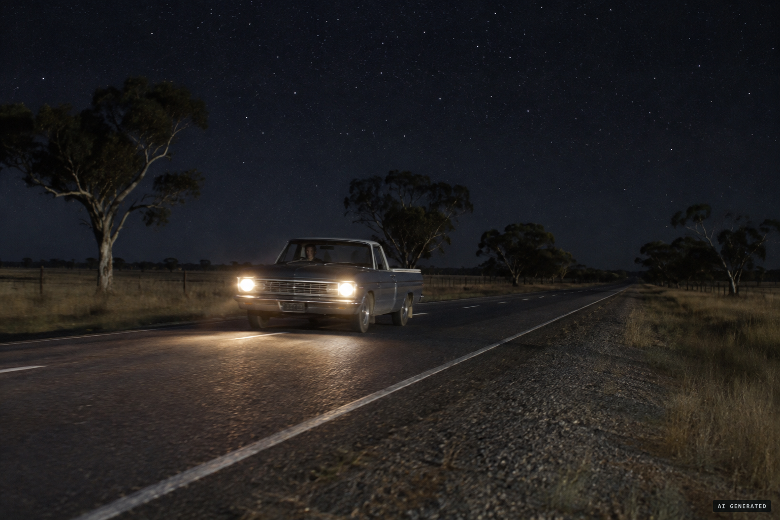 Spargo alone in his 1967 Valiant ute on the road from Kojonup toward Boyup Brook