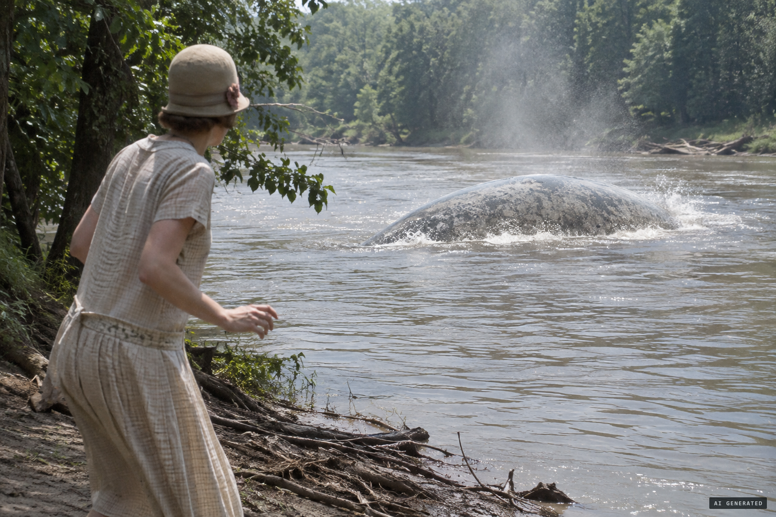 A dingy grey crusted hide in the White River, blowing loudly, around 1924
