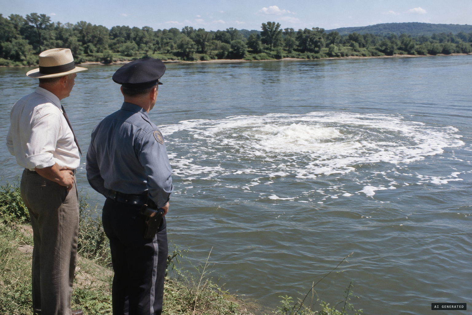 Bateman and deputy Z. B. Reid watch a circle of foam and bubbles