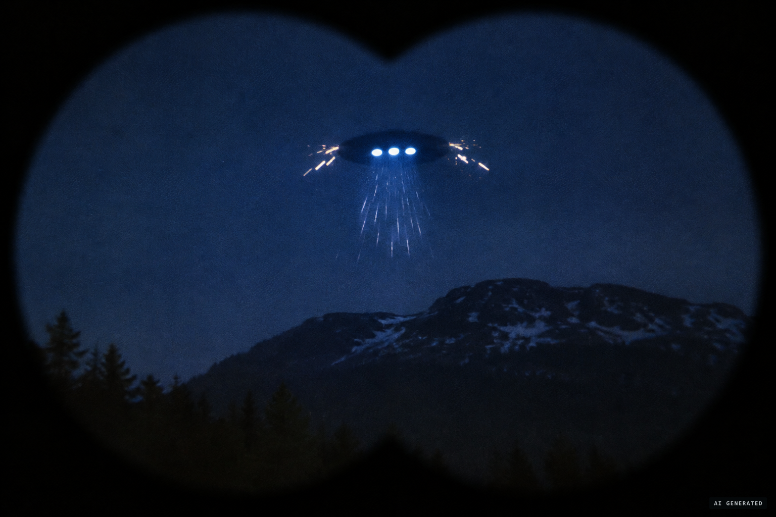 Through binoculars: three blue-white lights, bursts of flashes downward, sparks from the sides