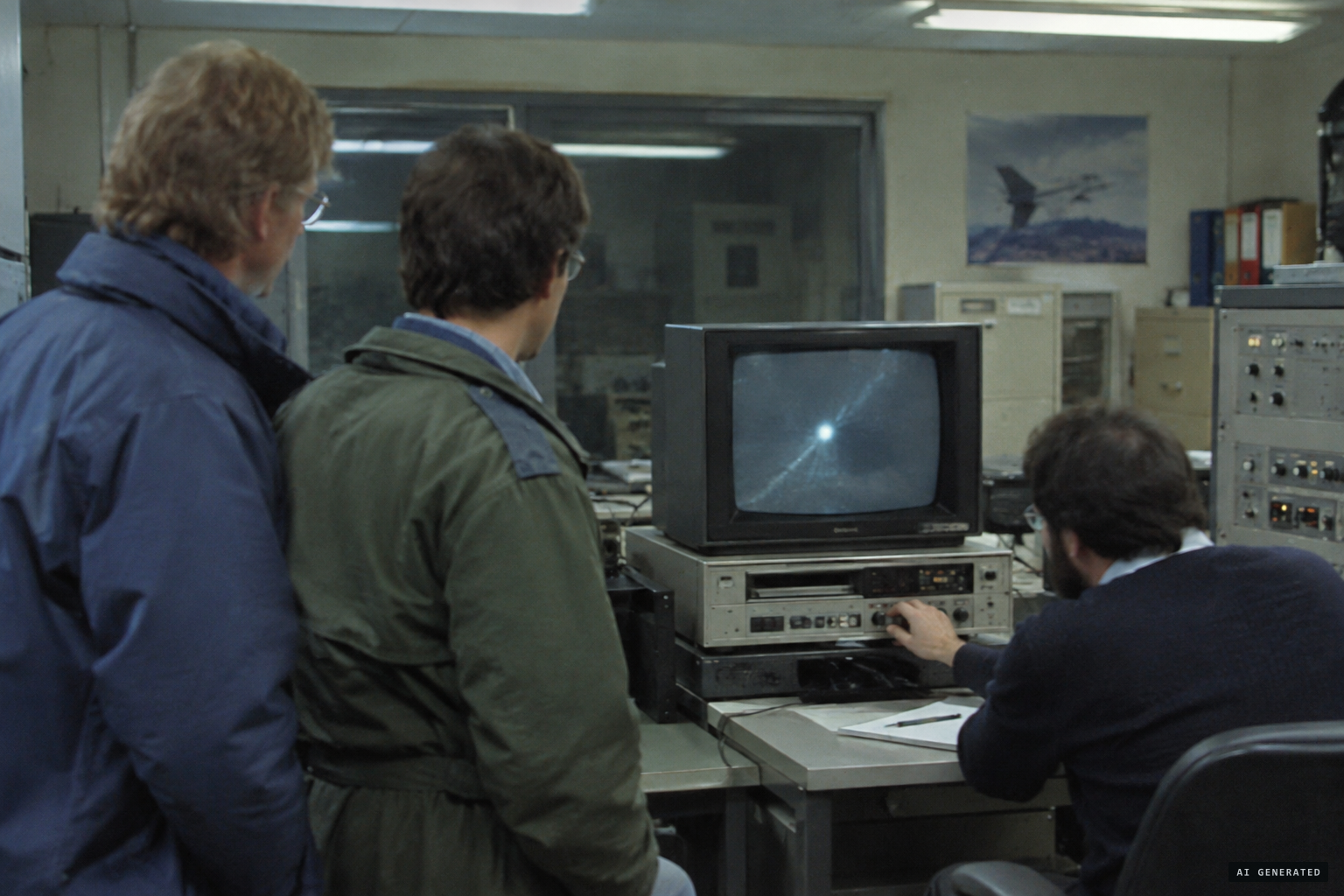 October 1986: defence researchers examine the tape with Tonning and Erling Strand present