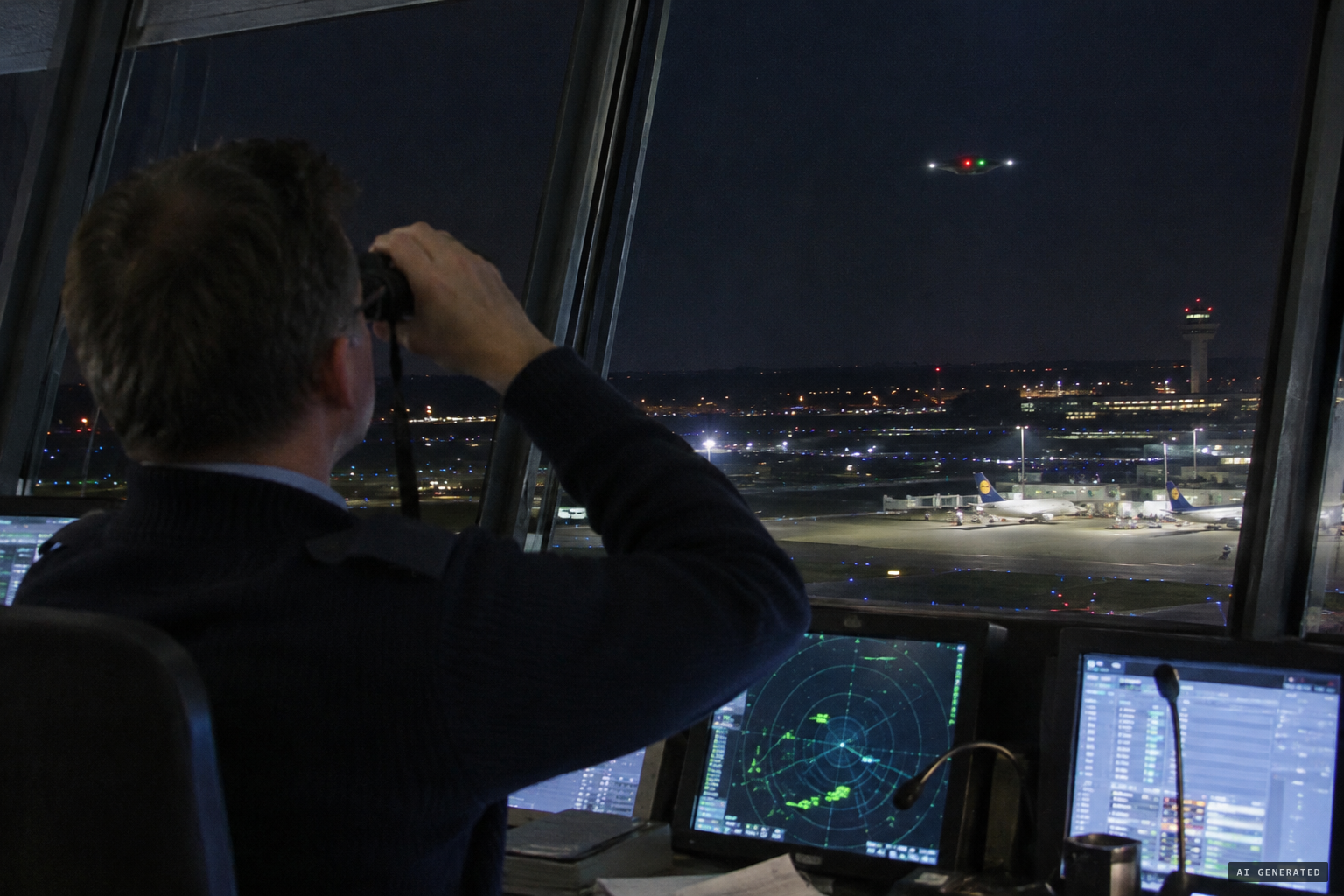 Controllers watch the lit object through binoculars