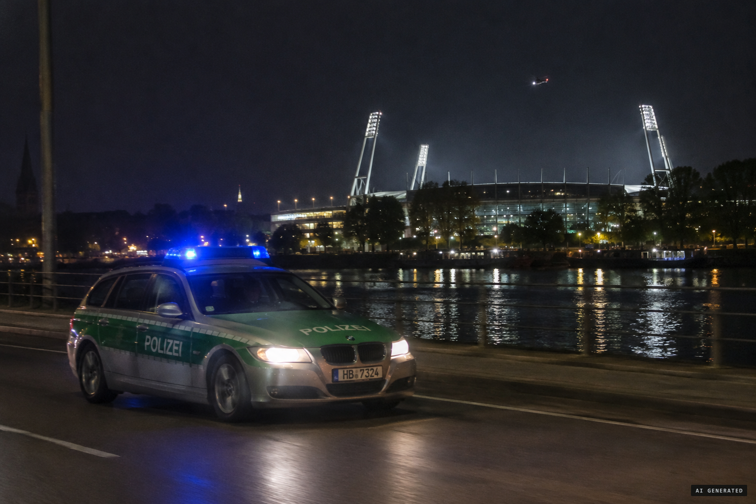 A patrol car chases it past the Weserstadion