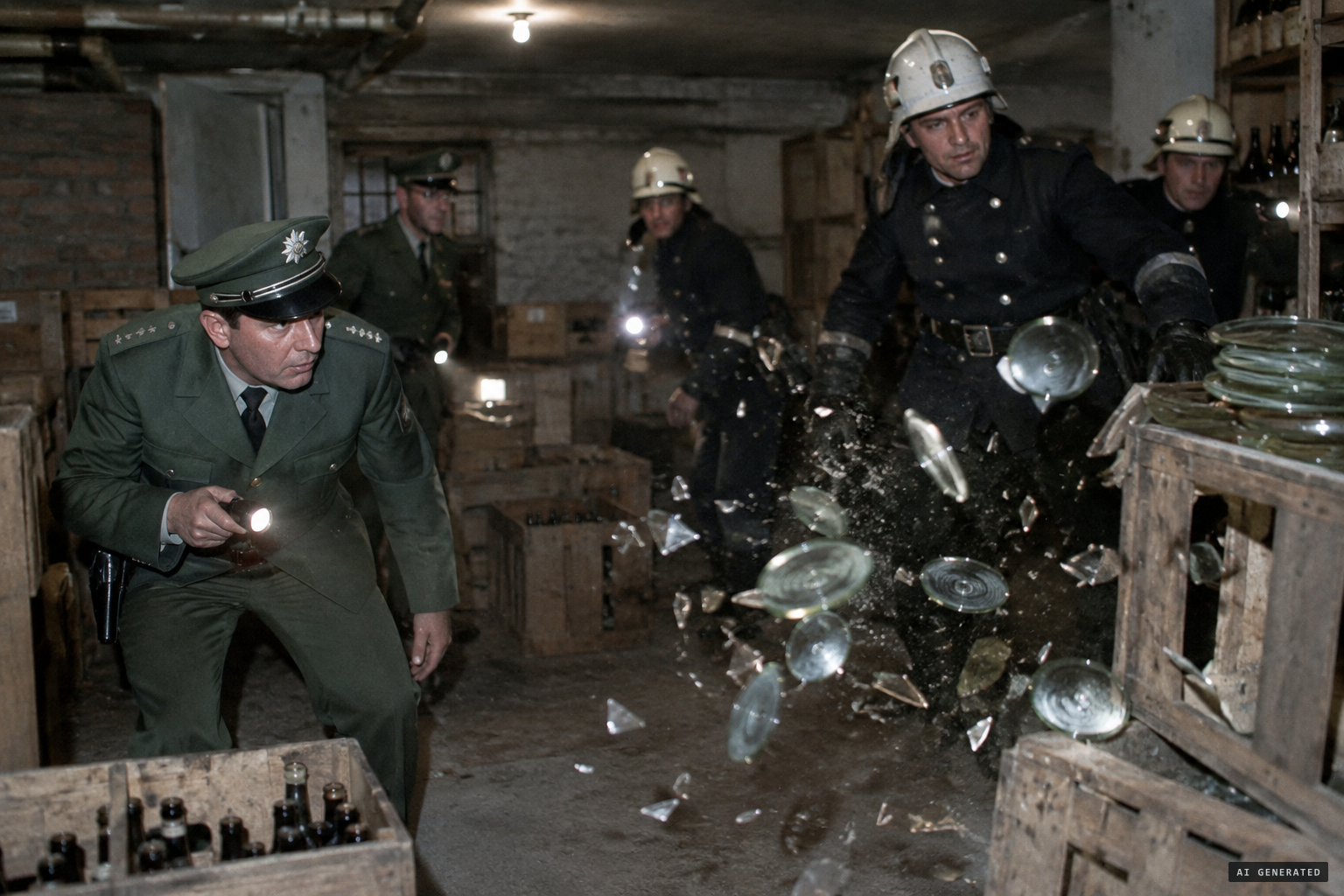 Glass coasters scatter across the basement as police and firemen search