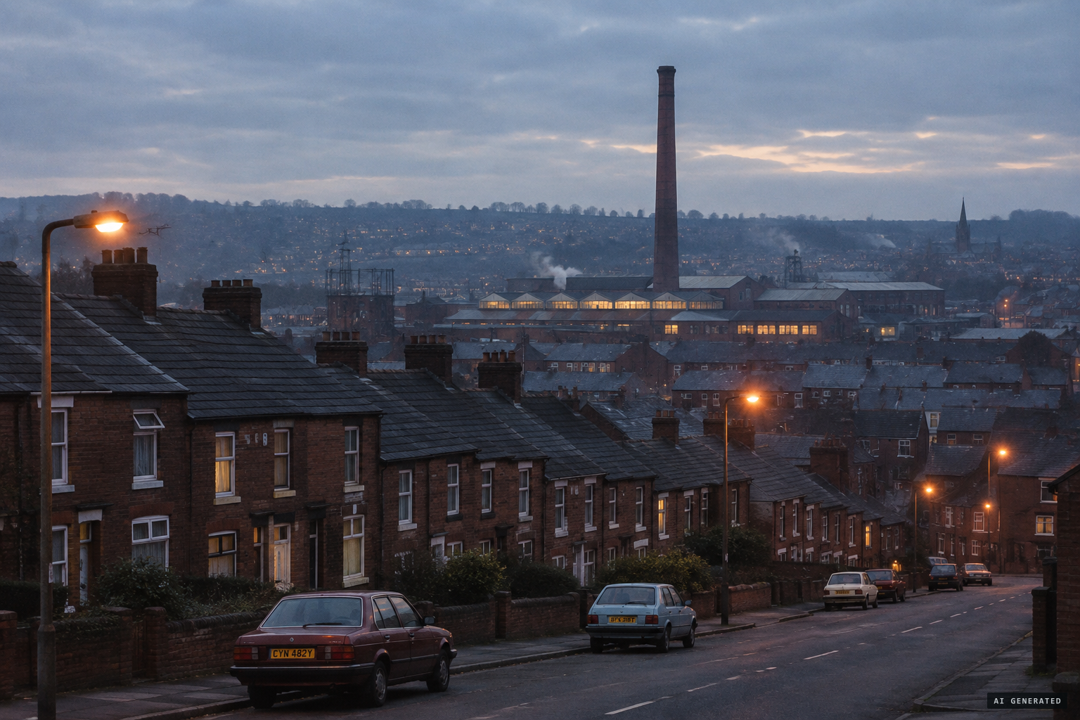 Brierley Hill in late 1987, the glassworks chimney rising over the town