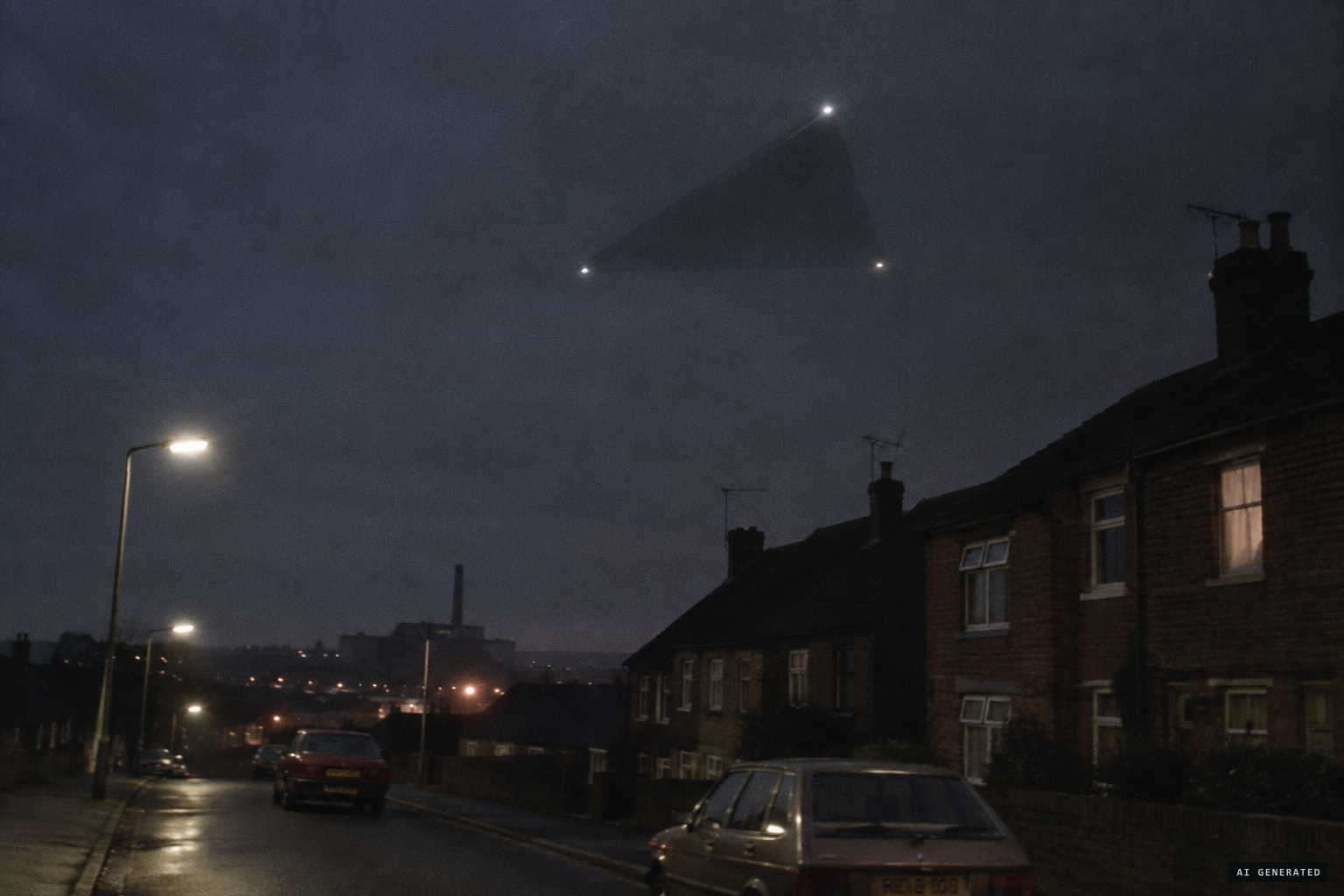 As the lights dim, a huge triangular object appears