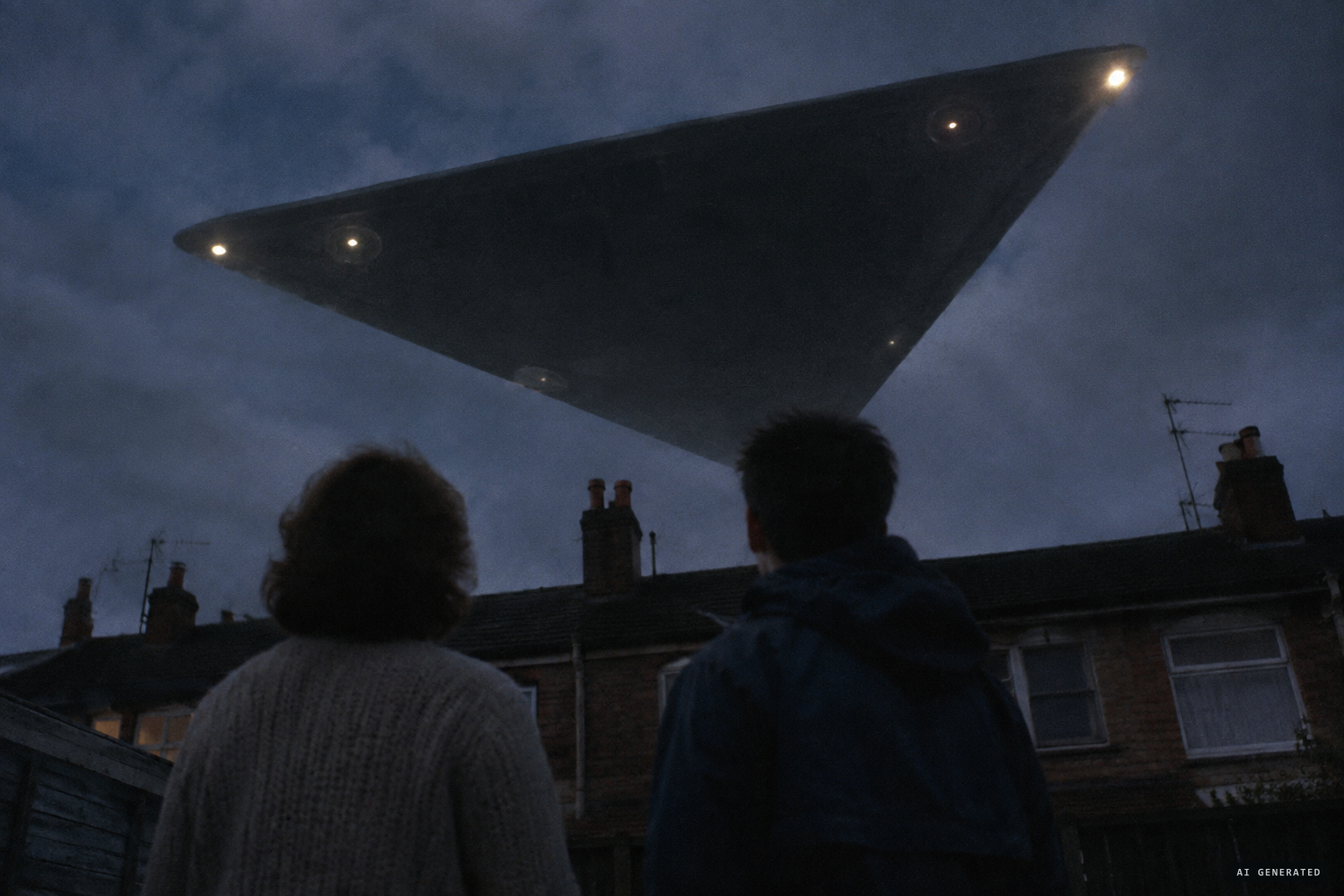 Barbara and Brett watch the massive craft pass very low over the houses