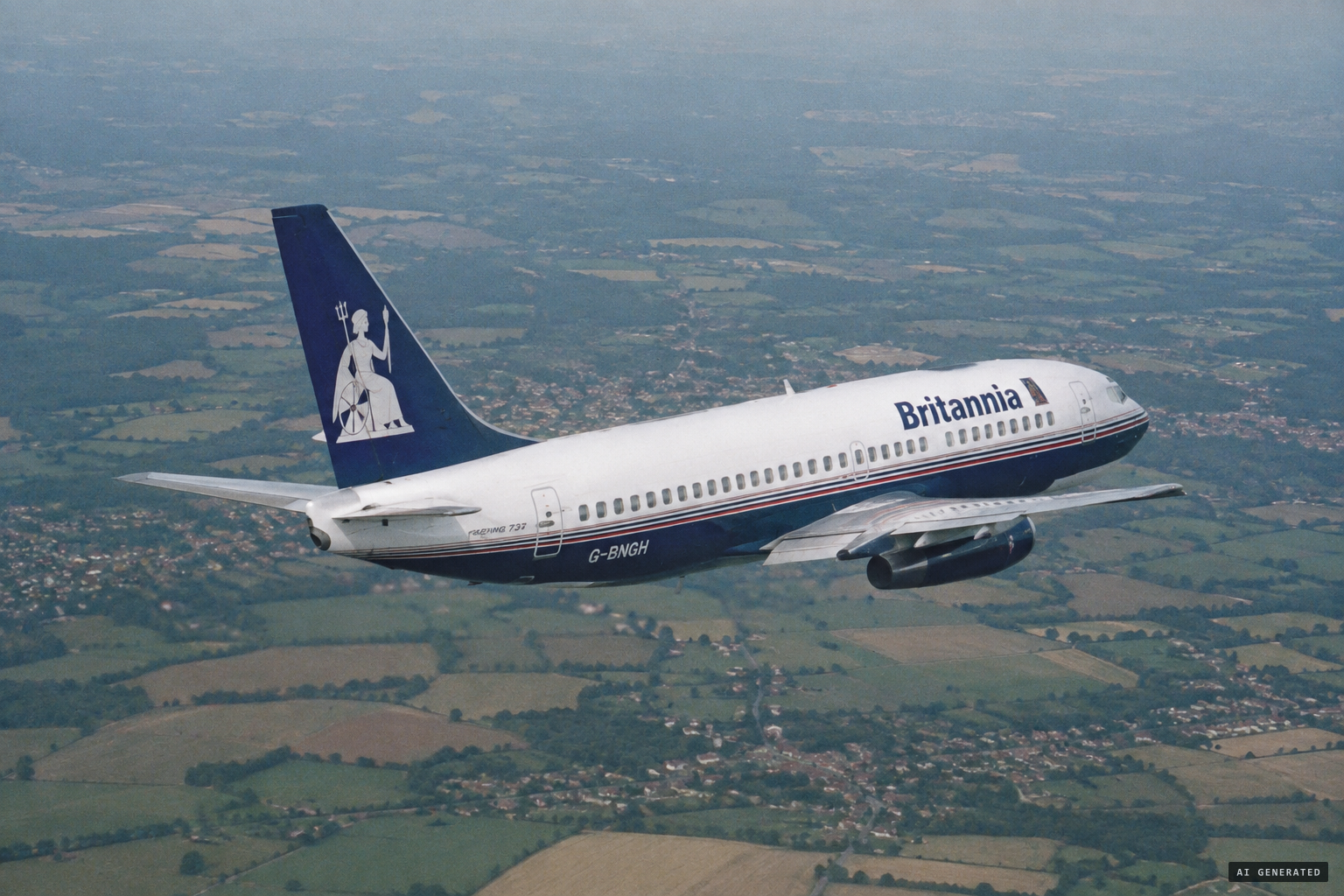 A Britannia Airways 737, home from Crete, descends towards Gatwick at 14,000 feet