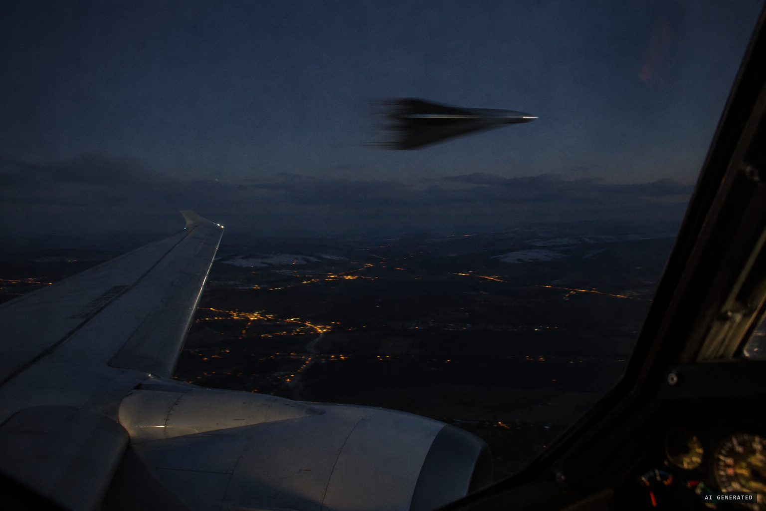 A wedge-shaped object with a possible black stripe flashes silently past in about two seconds