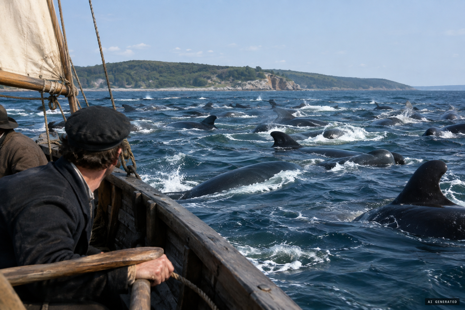 An immense shoal of grampuses in unusual excitement around the boat