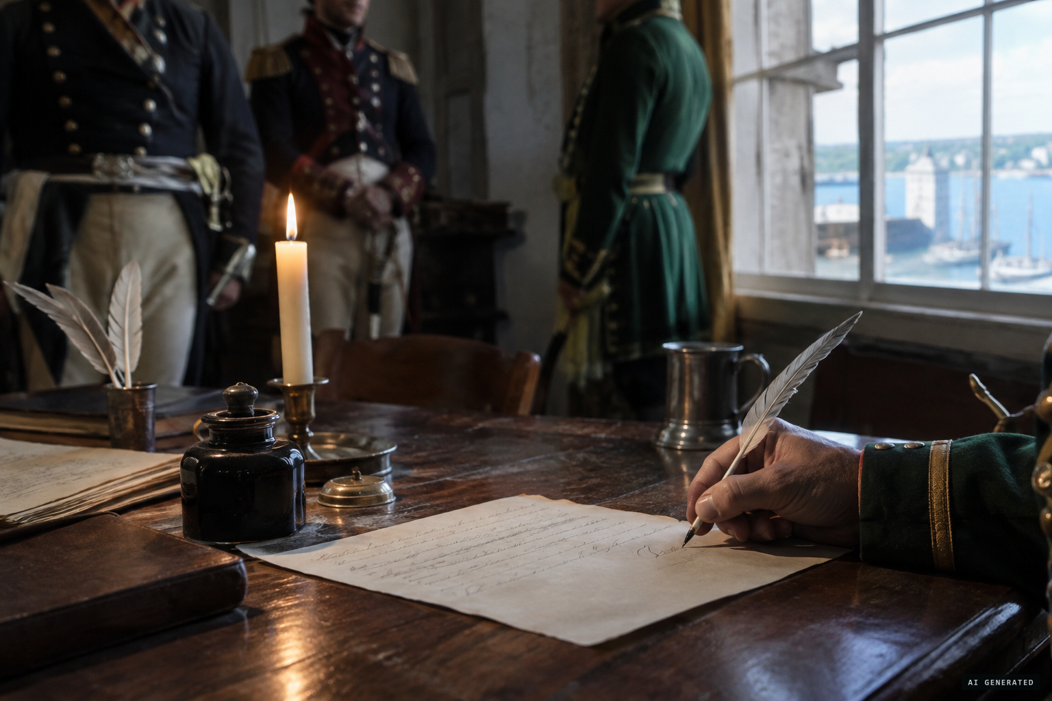 All five men sign a written account with their ranks and commissions