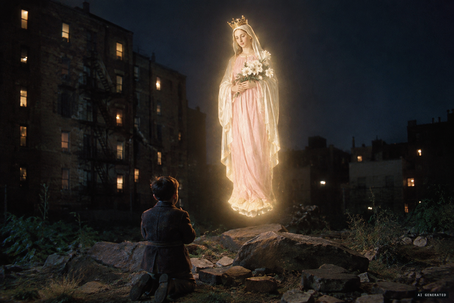 She returns with white roses and a crown, asking for the Rosary and peace