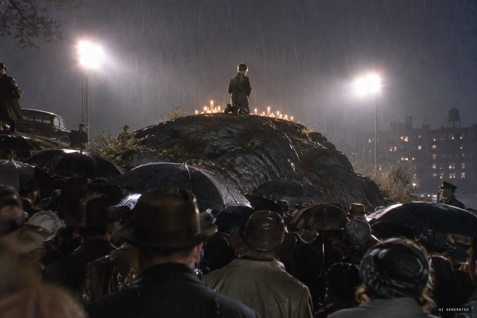 On the final night Joseph kneels in the rain before 25,000 to 30,000 people