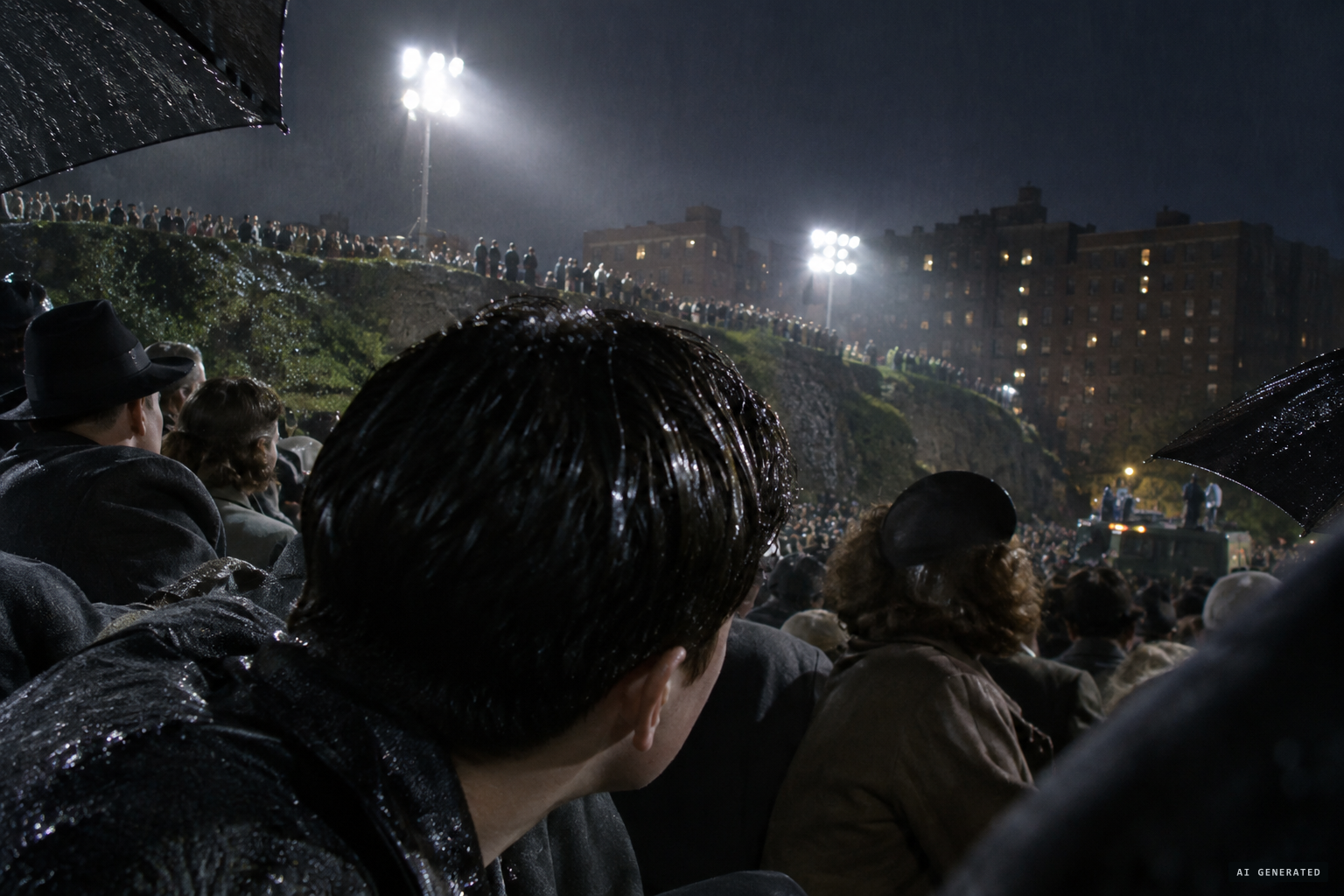 Those closest could see the rain glistening on his dark hair