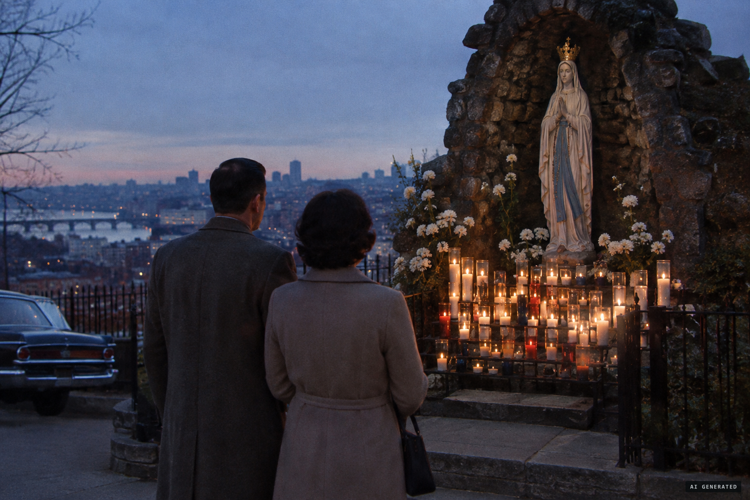 Joseph and Grace pray at the shrine at 7 p.m.