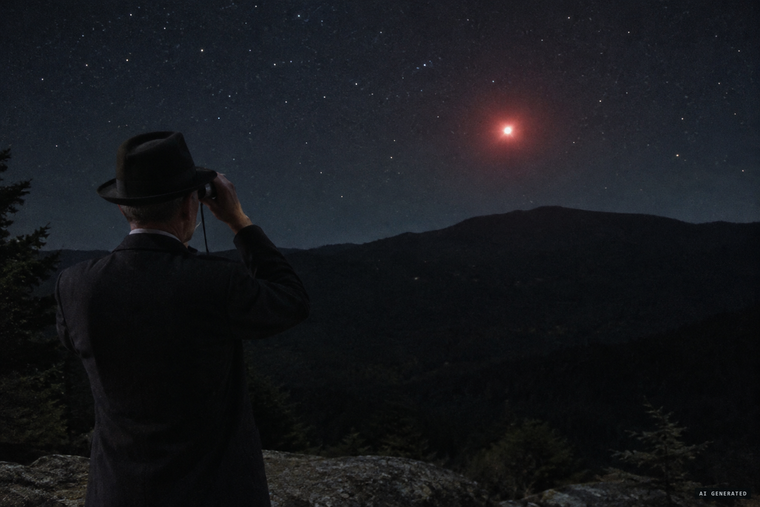 A minister with field glasses watches a light rise high in the sky and end