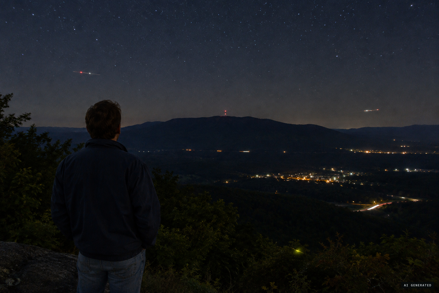 Planes, cars, town lights, a red tower beacon and a firefly