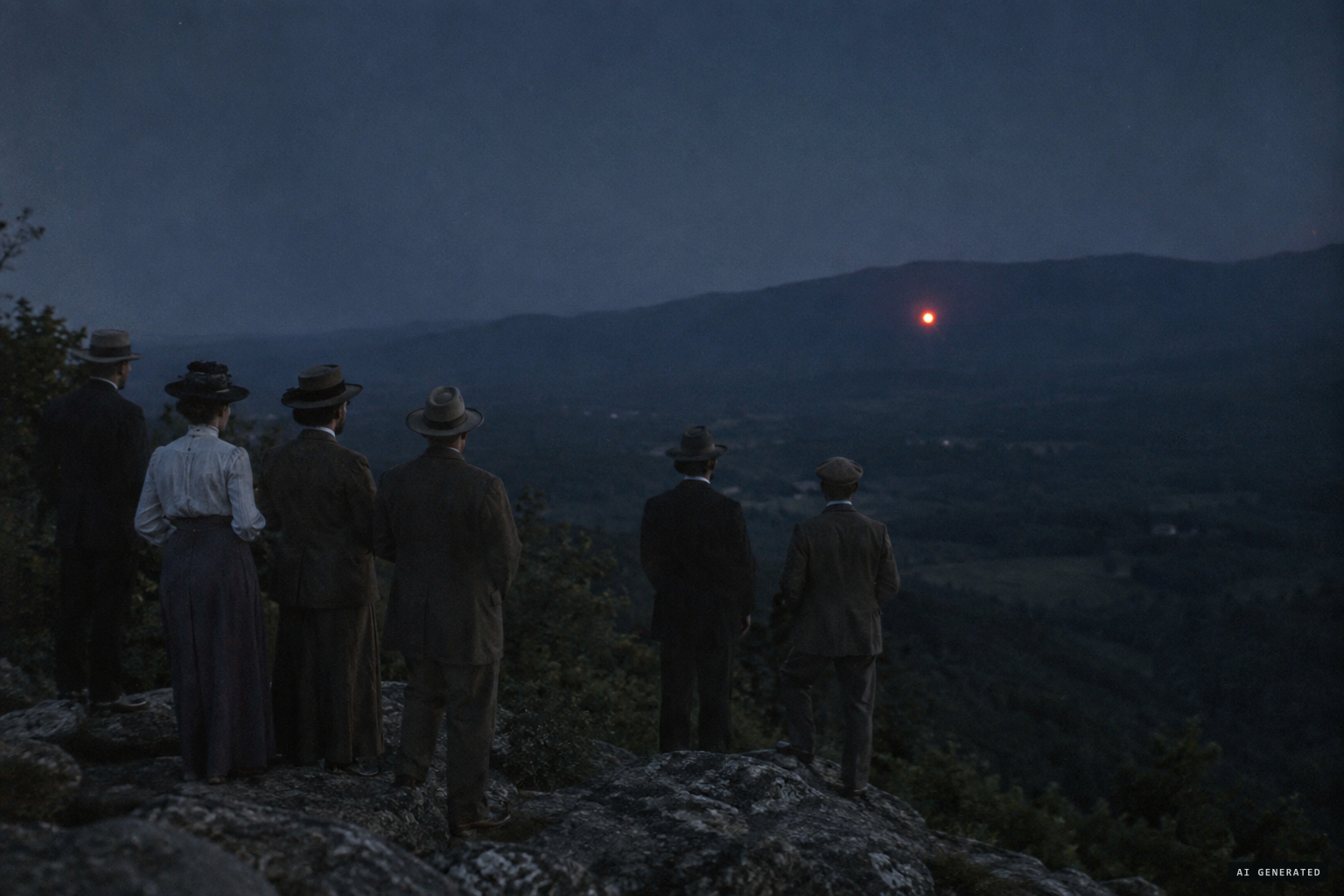 Observers on Rattlesnake Knob watch a fiery red ball rise over Brown Mountain