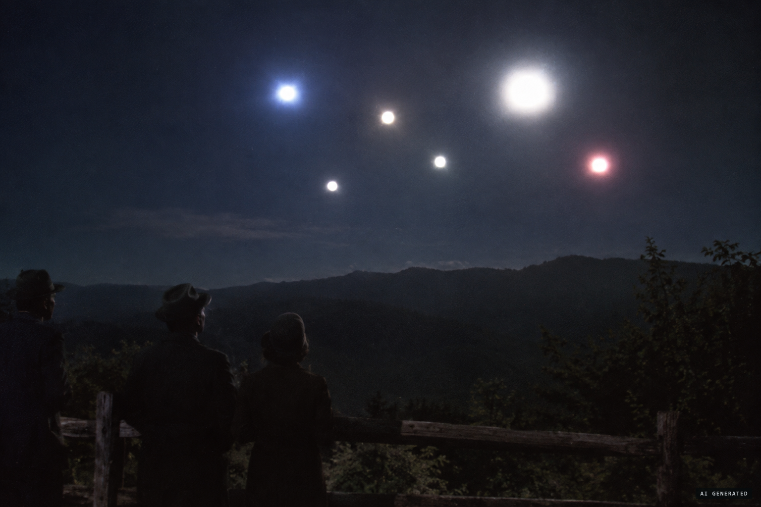 Several mostly white globes linger over the ridge before fading