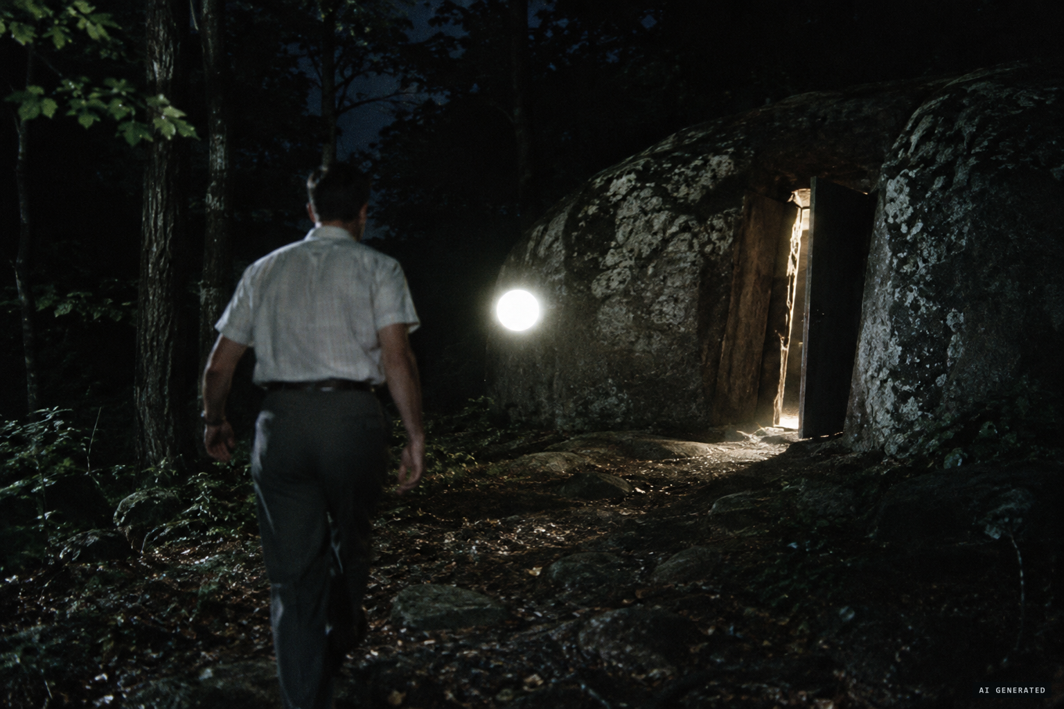 Ralph Lael follows a light to a hidden door in a rock