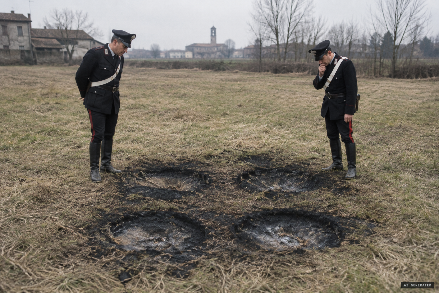 Varese police examine the four circular depressions and the burnt grass