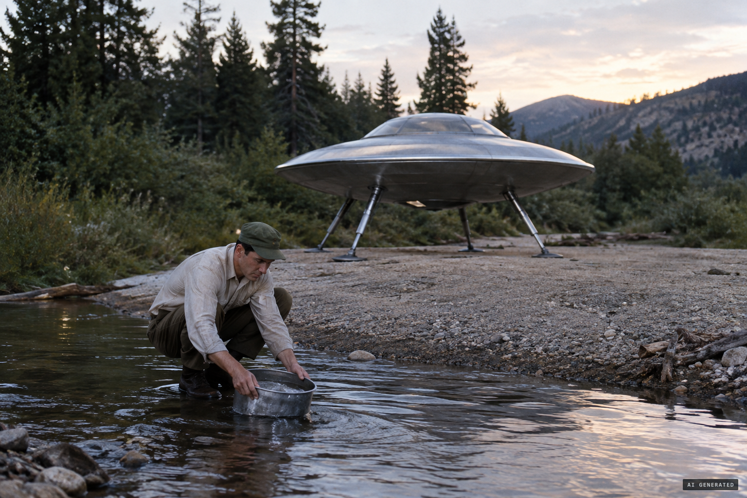 He fills a round aluminium-like pail at the creek