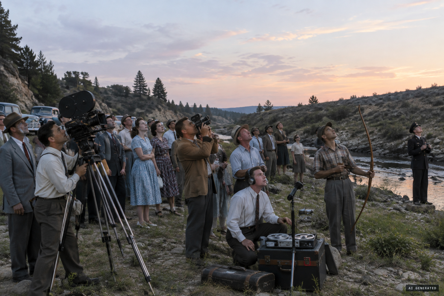 July 20: cameramen, a radio crew, an archer and onlookers wait for the saucer