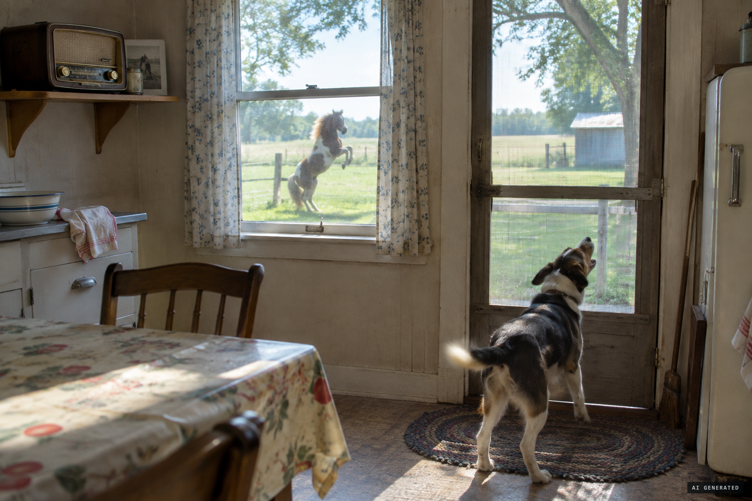 The radio goes 'crazy wild' as the dog barks and the pony raises cane