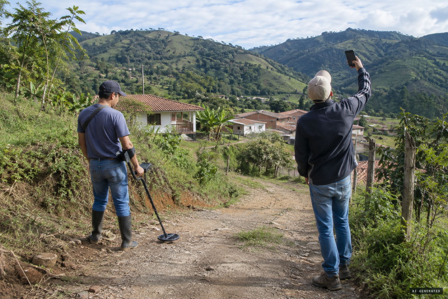 José Arias Restrepo and a friend film with a mobile phone in Alto Bonito