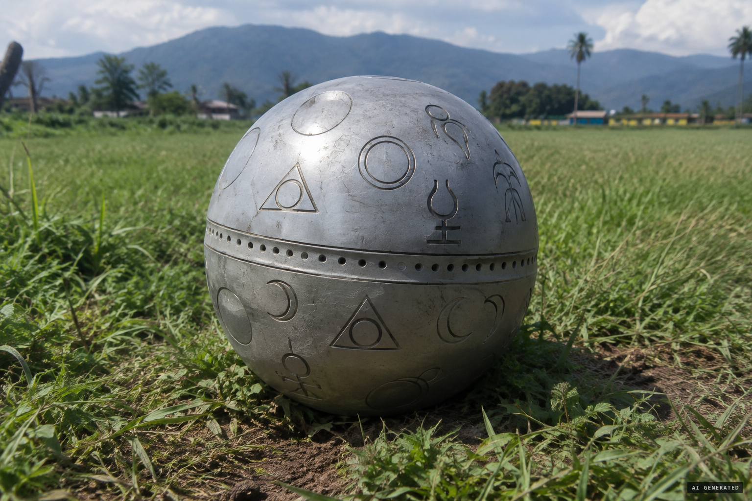 Silver-grey, engraved with symbols, 31 holes along a dividing line