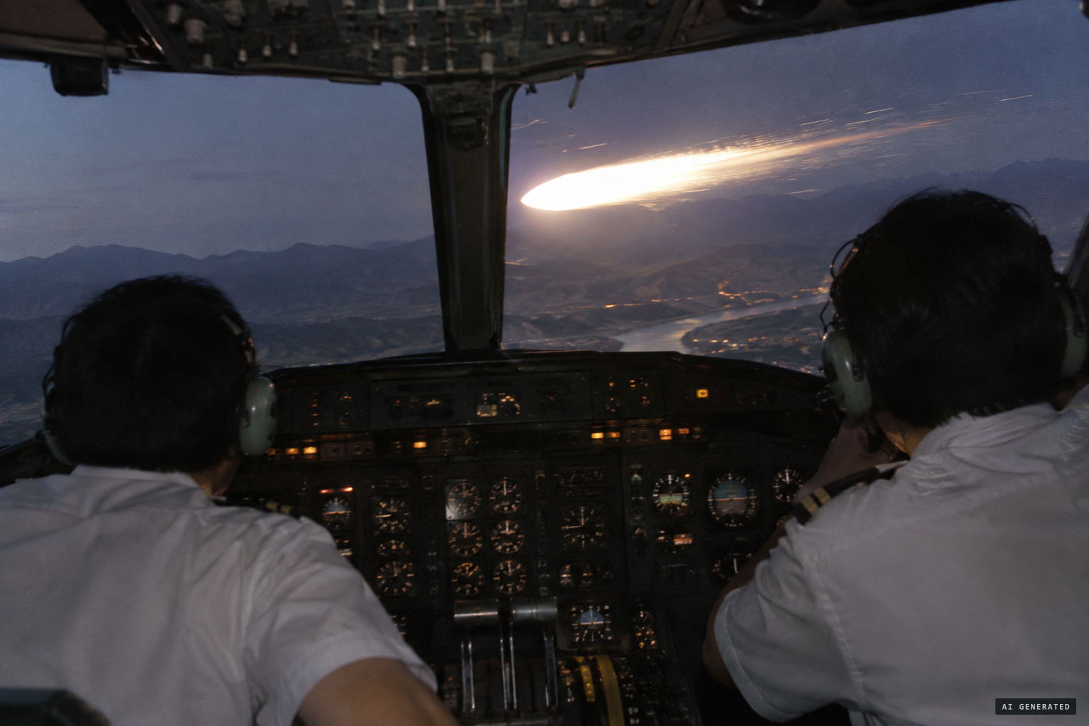 In Spencer's version, a vast object crosses the airliner's path at high speed
