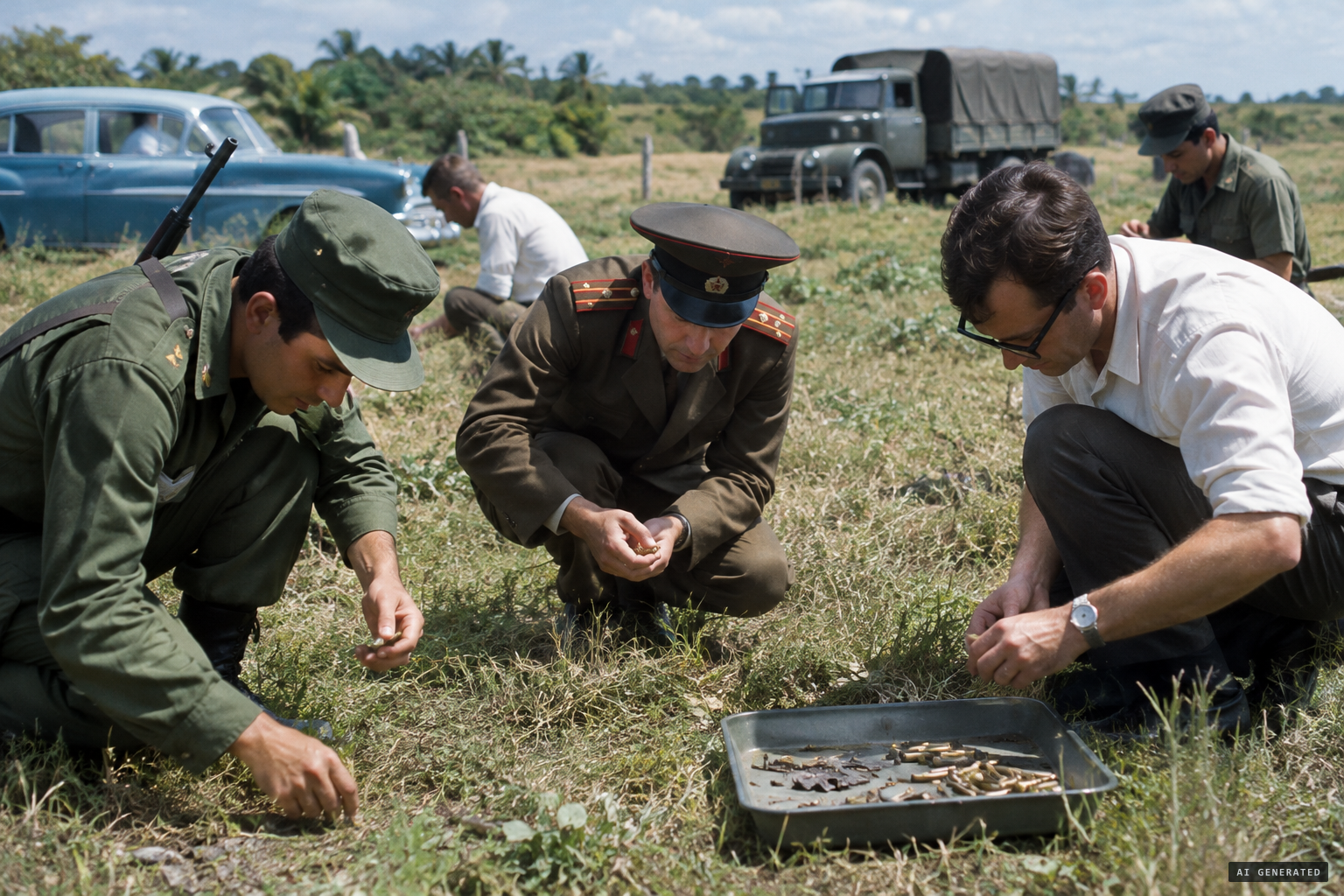 Investigators gather forty-eight spent cartridges and flattened bullets