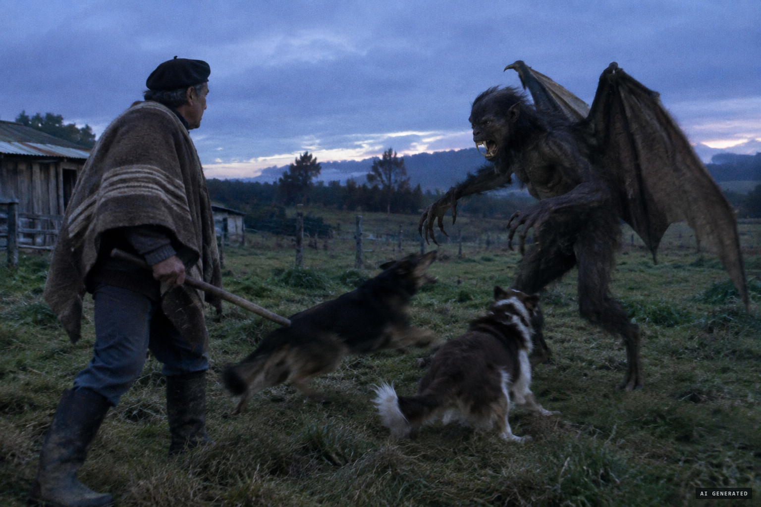 José Ismael Pino's dogs attack the winged creature at Huépil