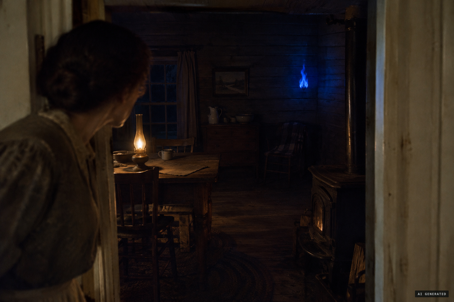 A small blue fire breaks out far from either stove