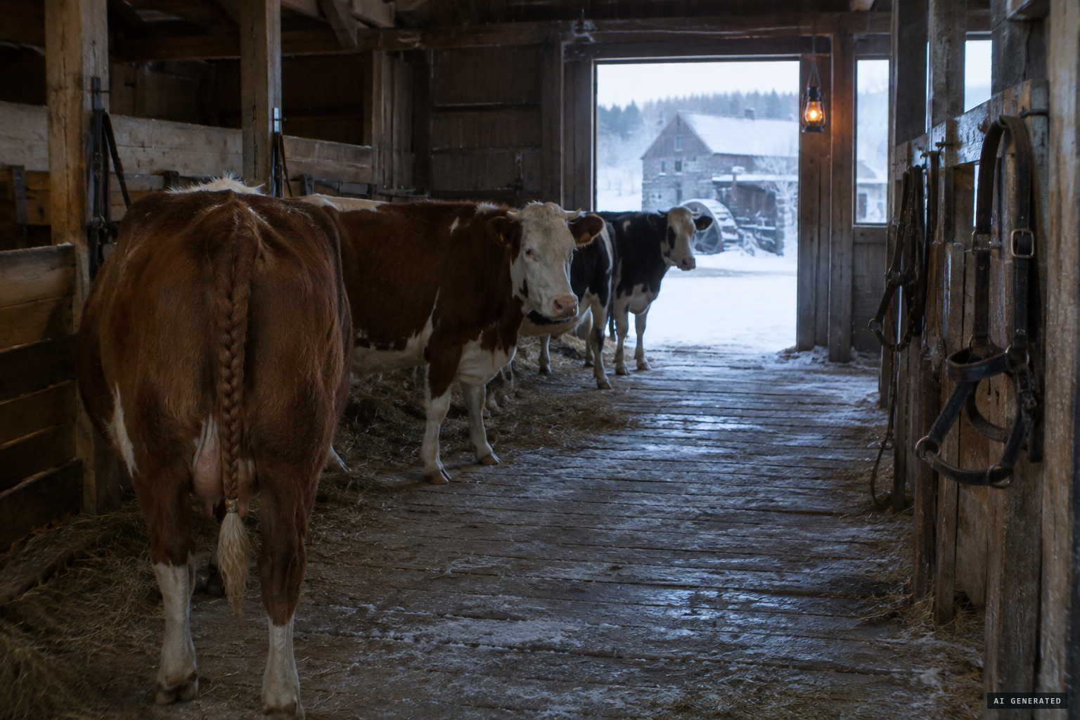 In the barn, cows found unfastened, tails braided